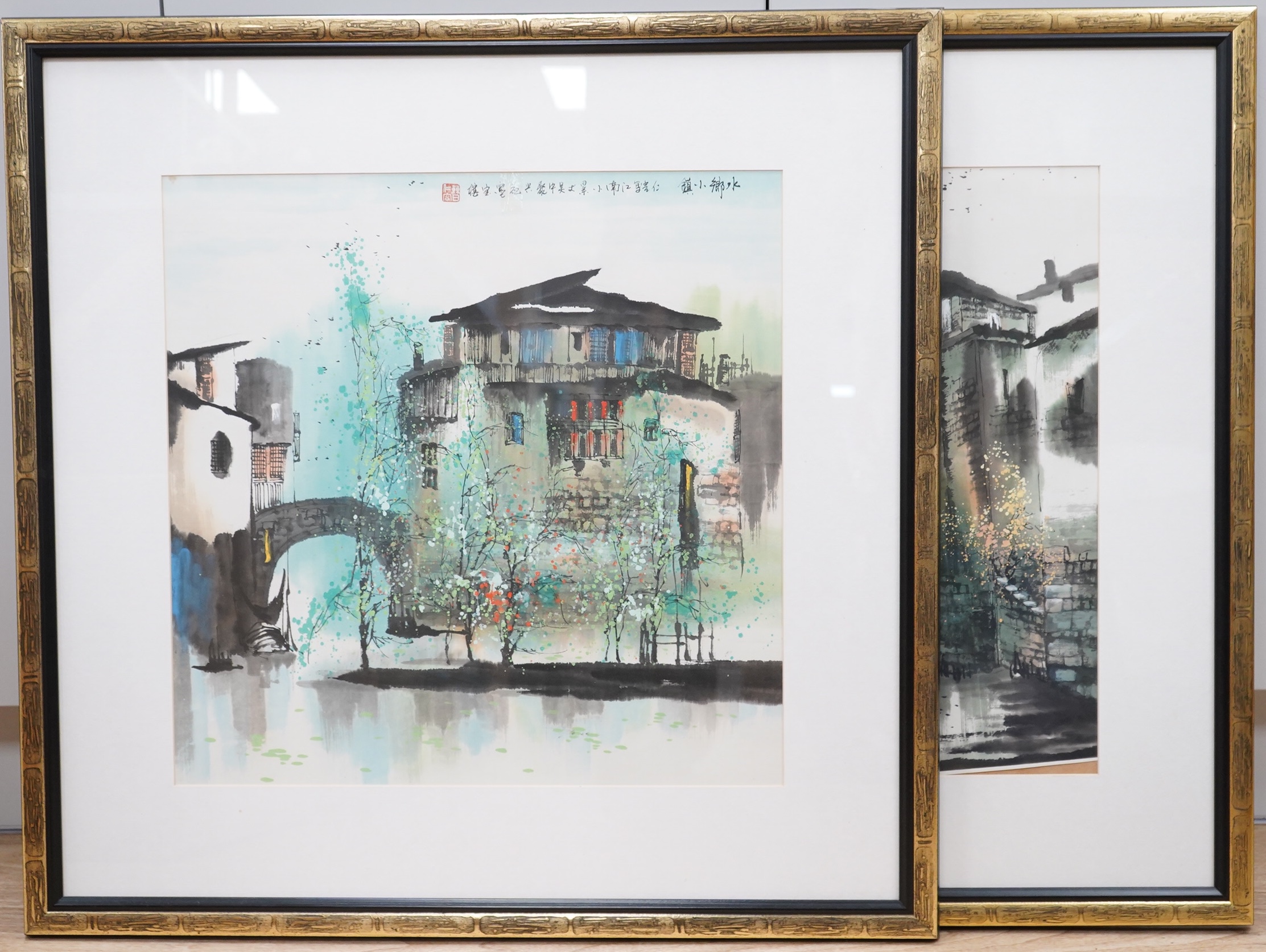Cao Ren-Rong (Chinese, b.1943), Studies of houses and foliage, each signed with character marks and red seal mark, exhibition leaflet details verso, pair of watercolours, 50 x 50cm